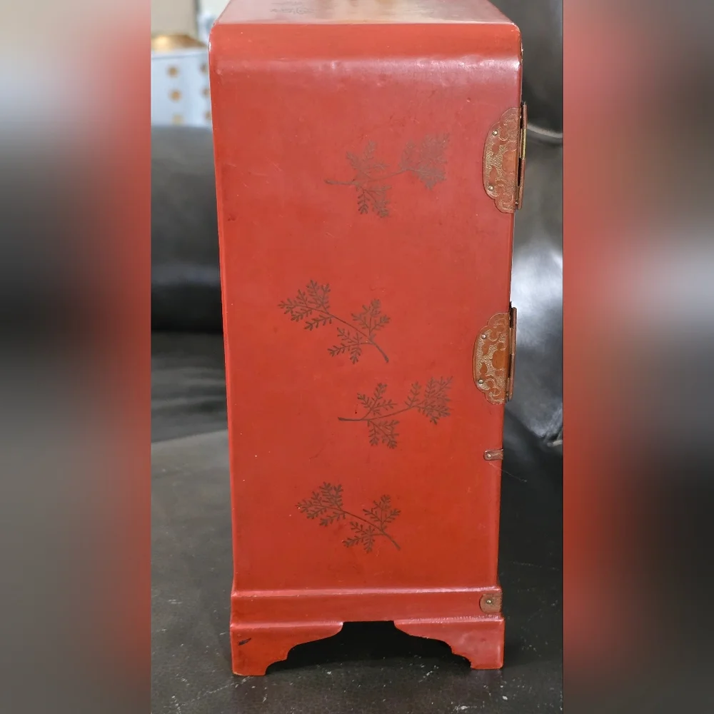Vintage Japanese Wooden Table Cabinet Handpainted Floral & Bird Design Kodansu